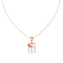 Rose gold evil eye pendant with oval eye center and three dangling drop charms, on chain