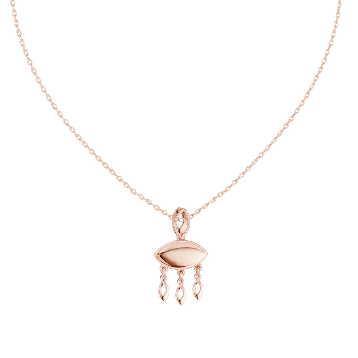 Rose gold evil eye pendant with oval eye center and three dangling drop charms, on chain