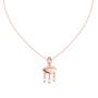 Rose gold evil eye pendant with oval eye center and three dangling drop charms, on chain