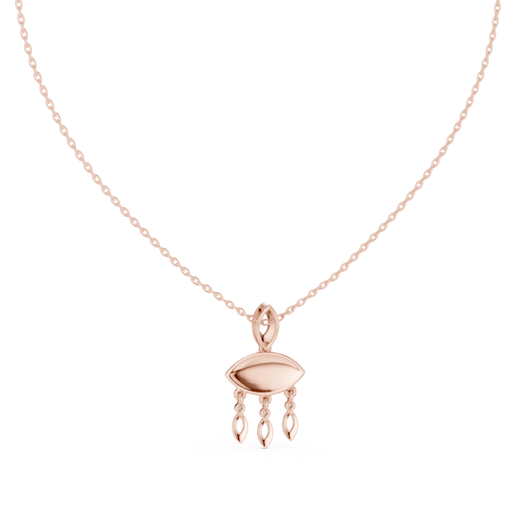 Rose gold evil eye pendant with oval eye center and three dangling drop charms, on chain