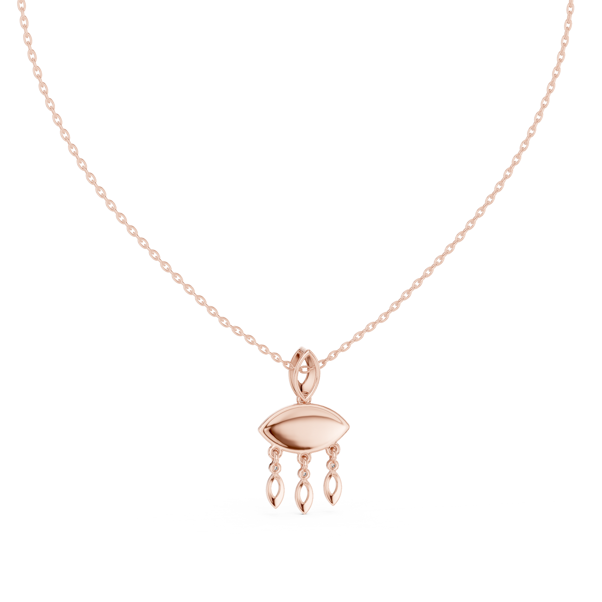 Rose gold evil eye pendant with oval eye center and three dangling drop charms, on chain