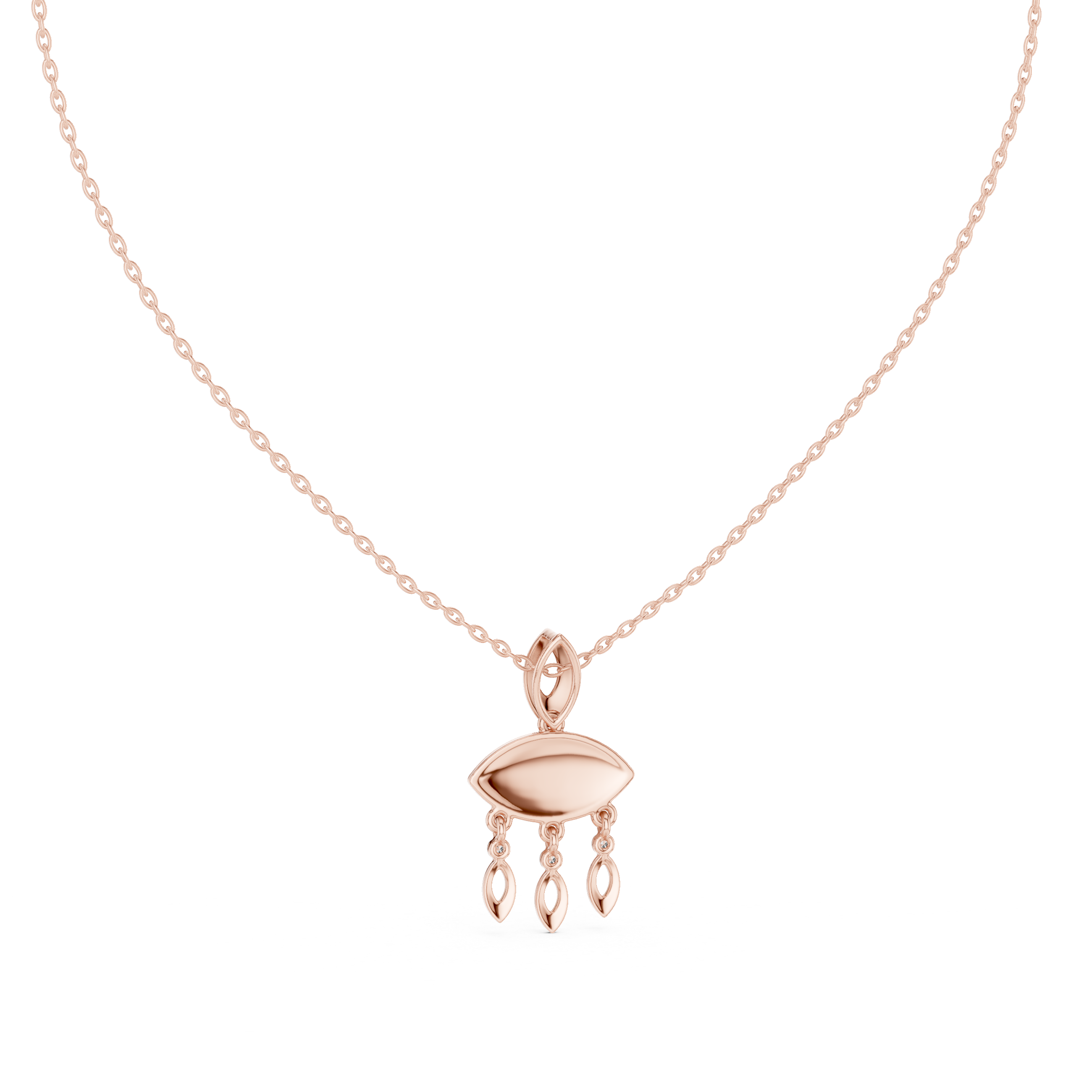 Rose gold evil eye pendant with oval eye center and three dangling drop charms, on chain