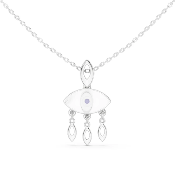 White gold evil eye pendant necklace with central eye charm and three teardrop dangles