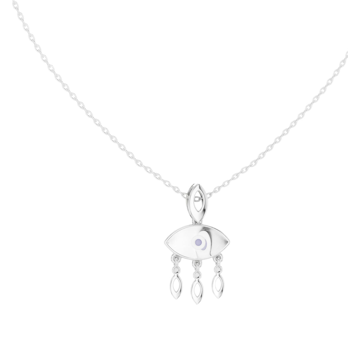 White gold evil eye pendant necklace with central eye charm and three teardrop drops