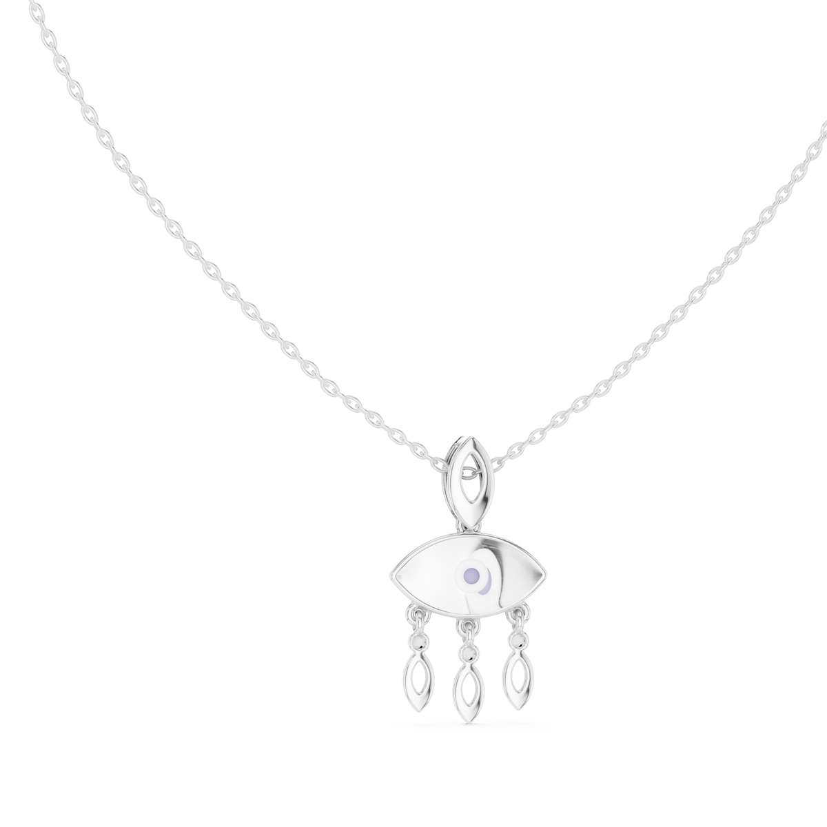 White gold evil eye pendant necklace with central eye charm and three teardrop drops
