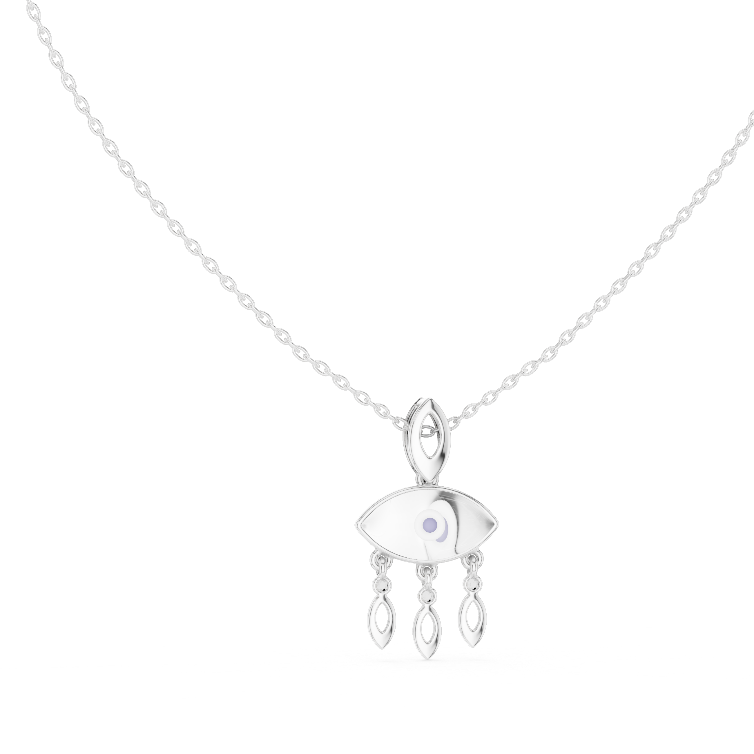 White gold evil eye pendant necklace with central eye charm and three teardrop drops