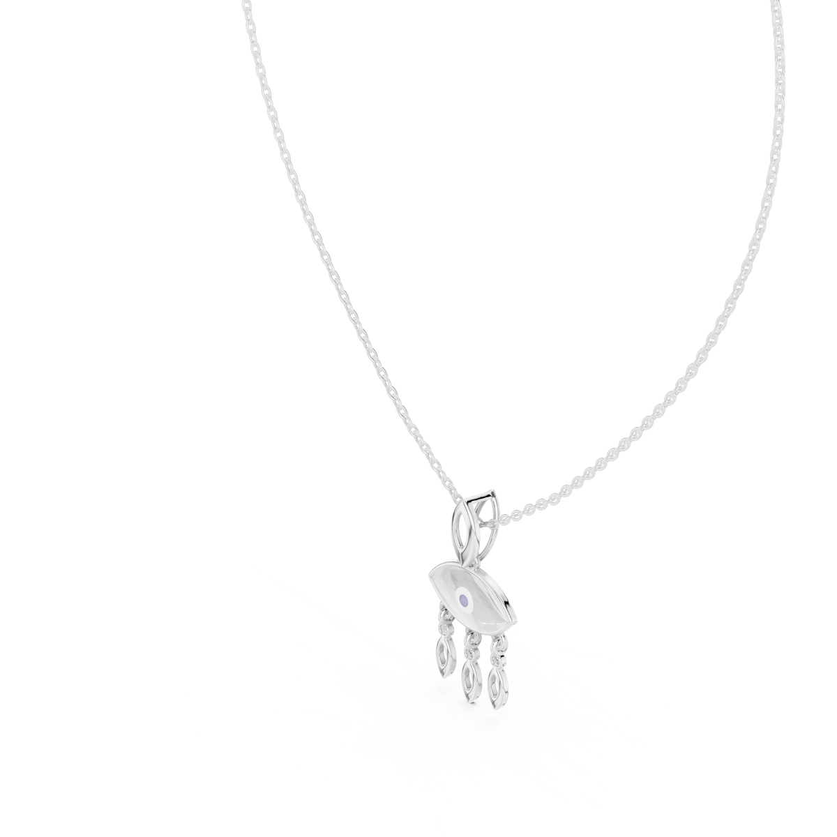 White gold evil eye pendant necklace with eye charm and three teardrop dangles, partial chain