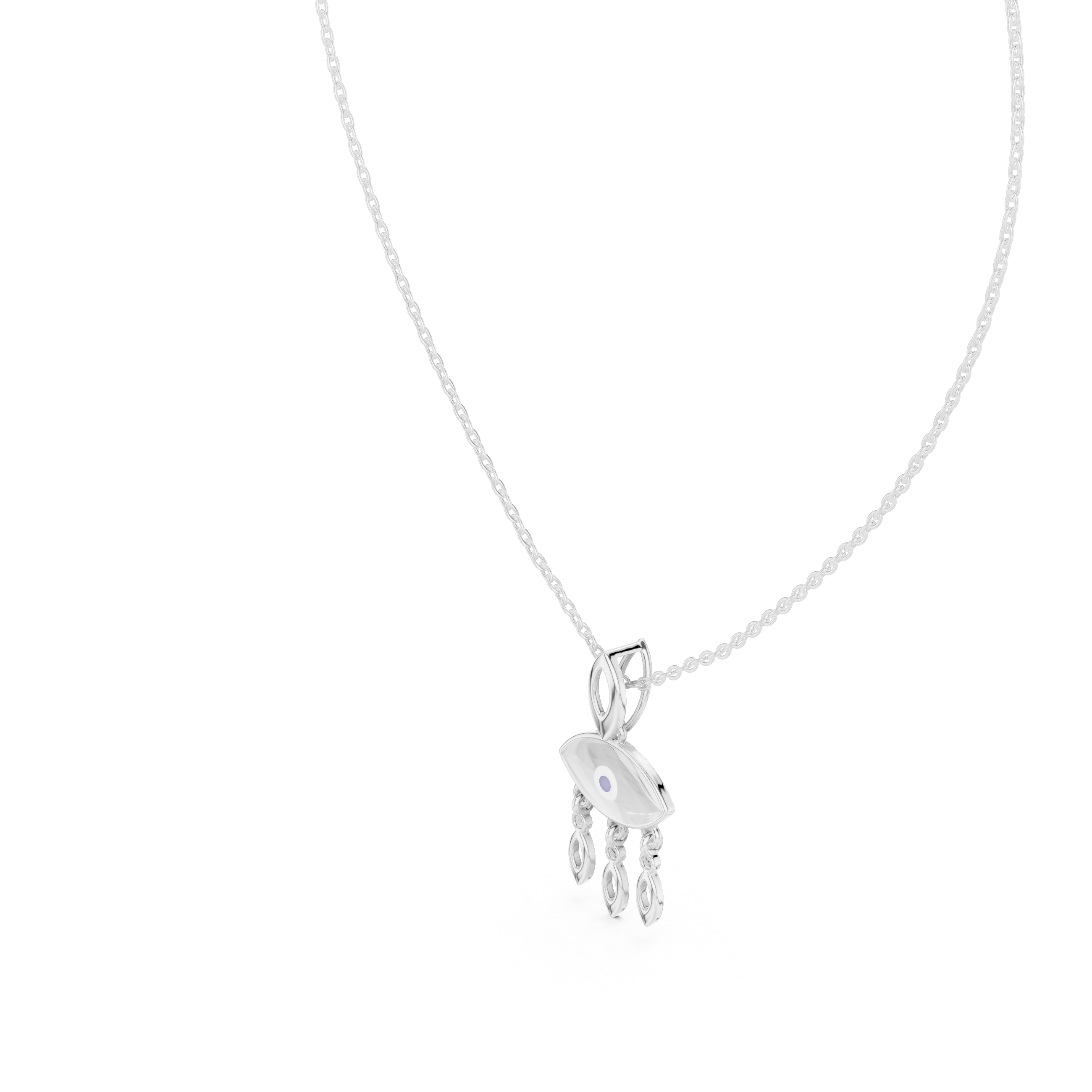 White gold evil eye pendant necklace with eye charm and three teardrop dangles, partial chain