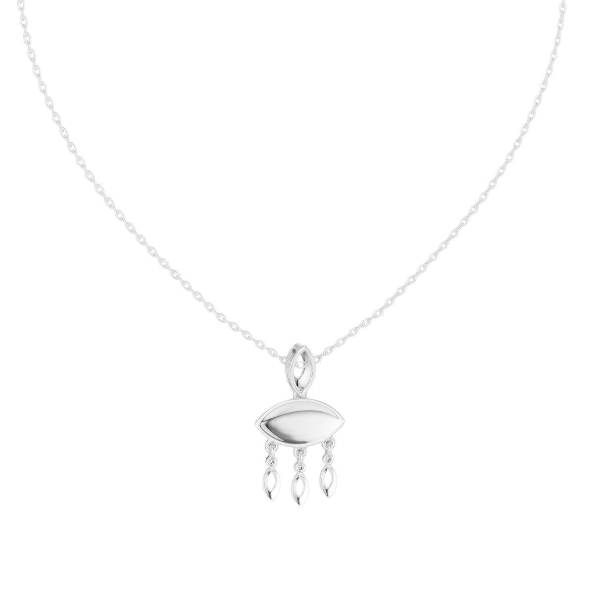 White gold evil eye pendant necklace with central eye charm and three teardrop dangles