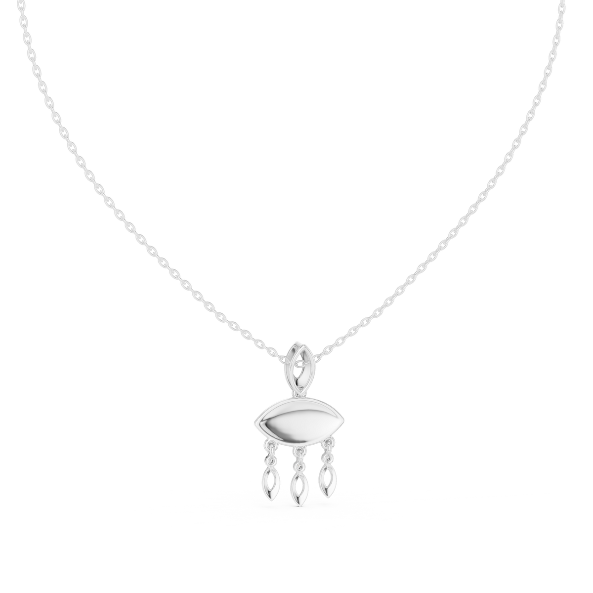 White gold evil eye pendant necklace with central eye charm and three teardrop dangles