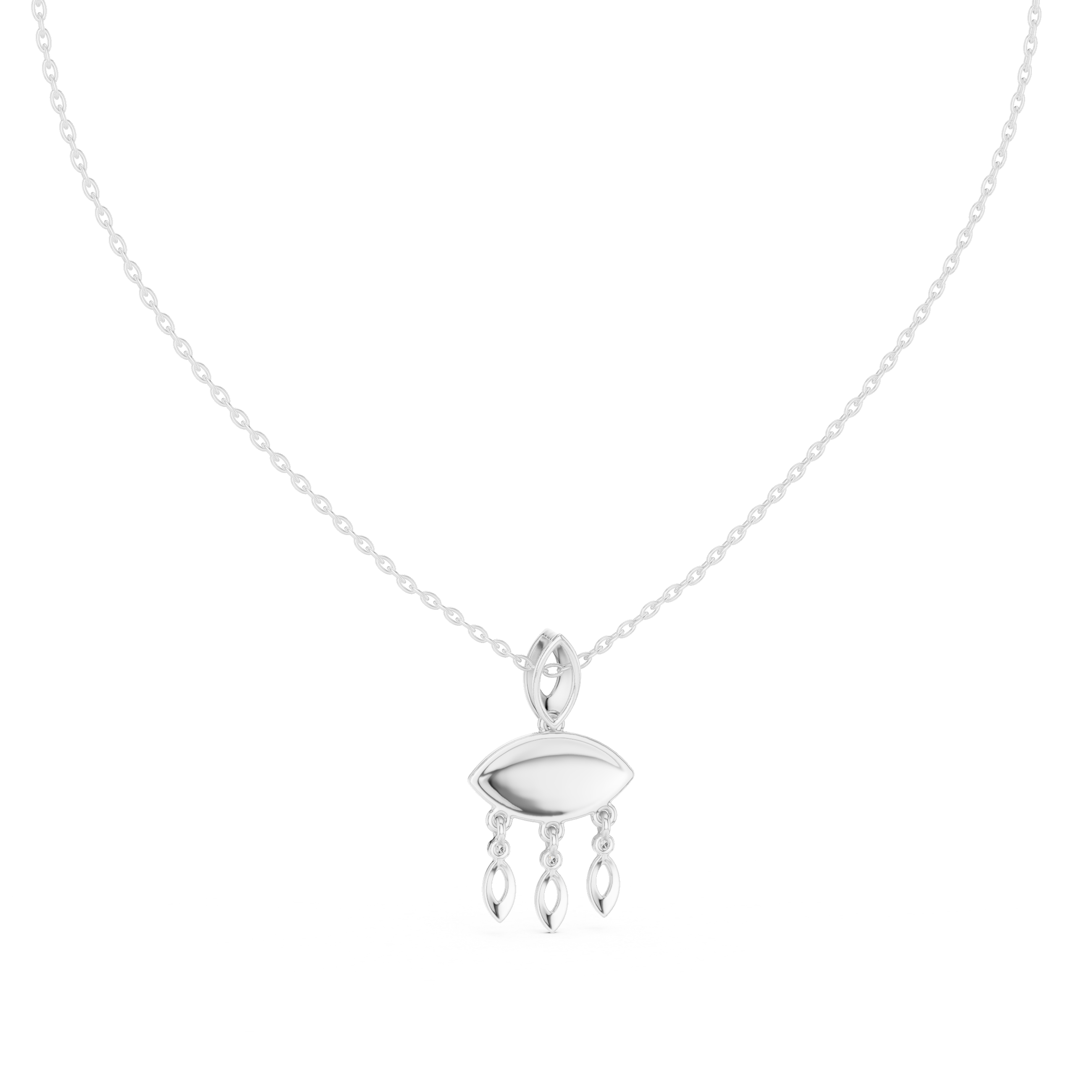 White gold evil eye pendant necklace with central eye charm and three teardrop dangles