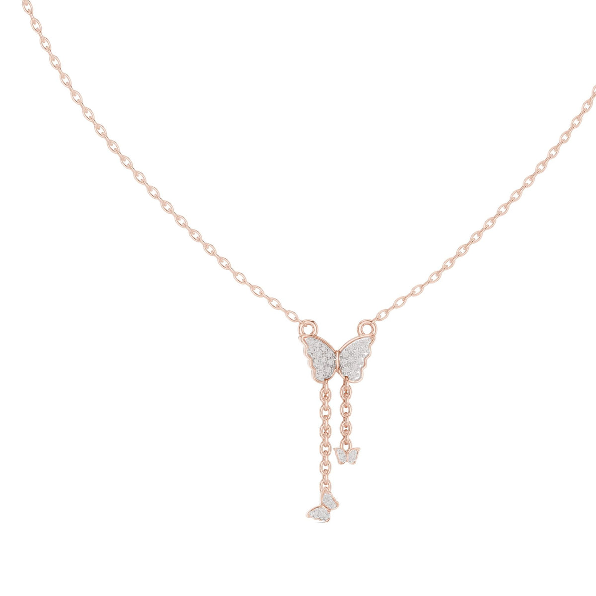 Butterfly diamond drop pendant on a rose gold chain with round stone detail