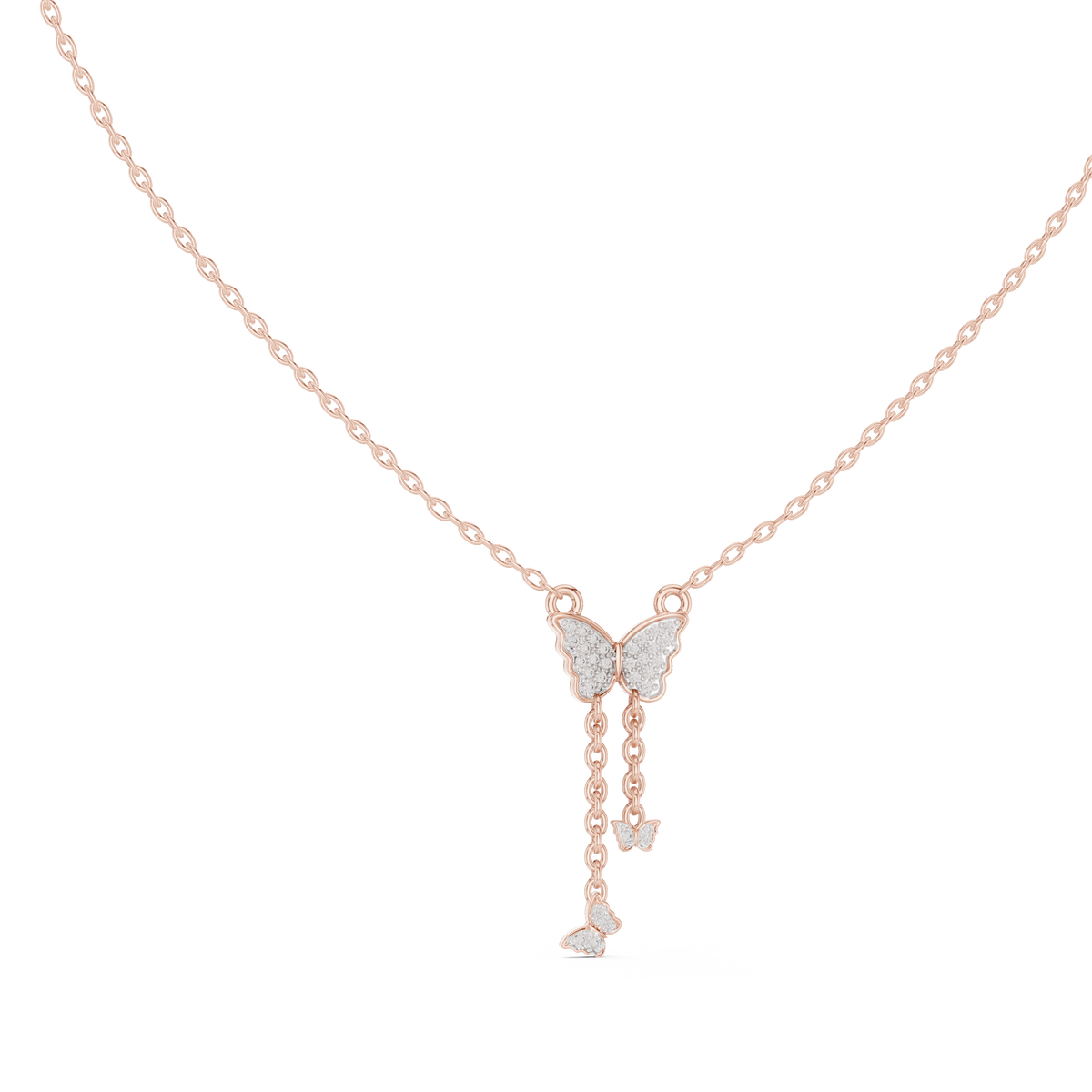 Butterfly diamond drop pendant on a rose gold chain with round stone detail