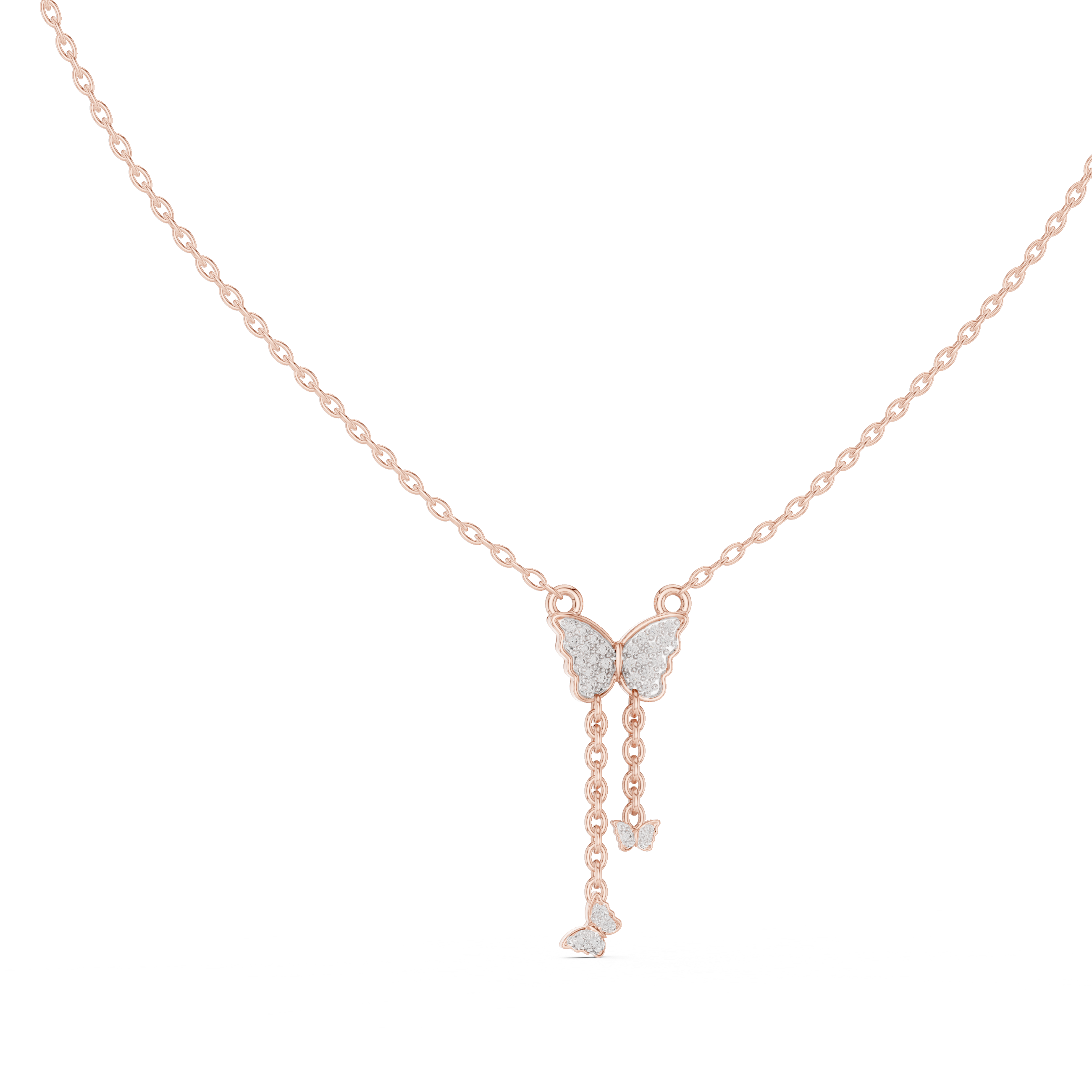 Butterfly diamond drop pendant on a rose gold chain with round stone detail