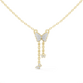 Butterfly round diamond drop pendant in yellow gold with dangling heart charms
