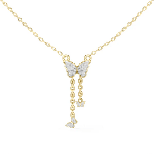 Round diamond butterfly drop pendant with pavé wings, yellow gold on chain