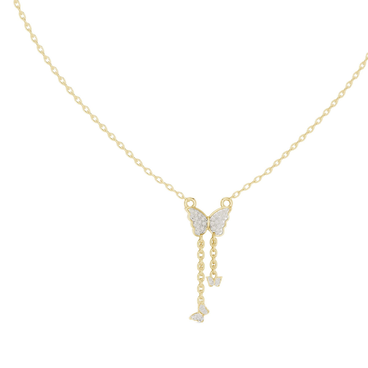 Round diamond butterfly drop pendant on link chain, yellow gold with pavé detail