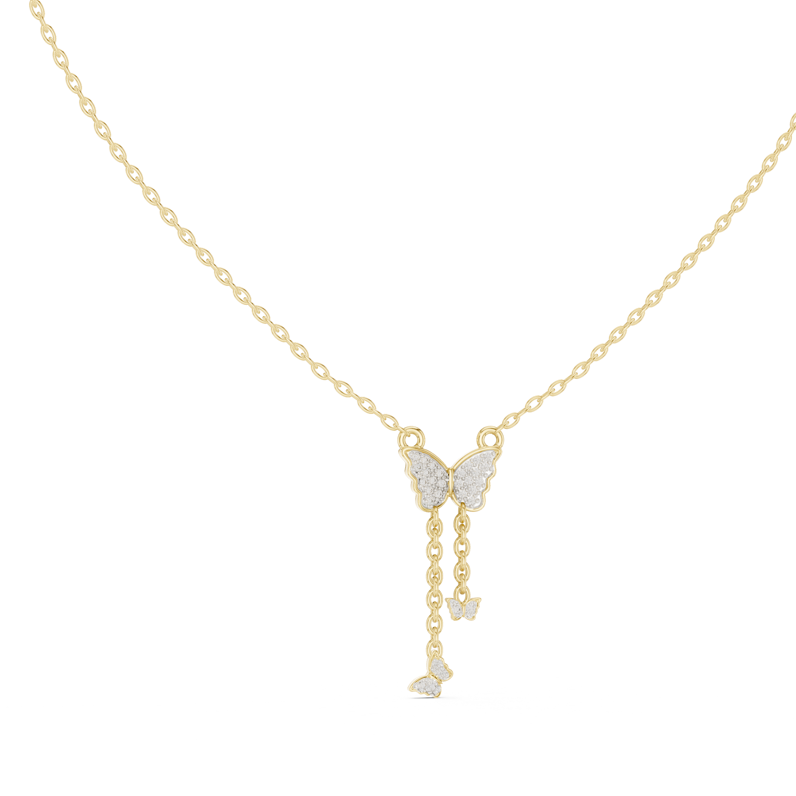 Round diamond butterfly drop pendant on link chain, yellow gold with pavé detail