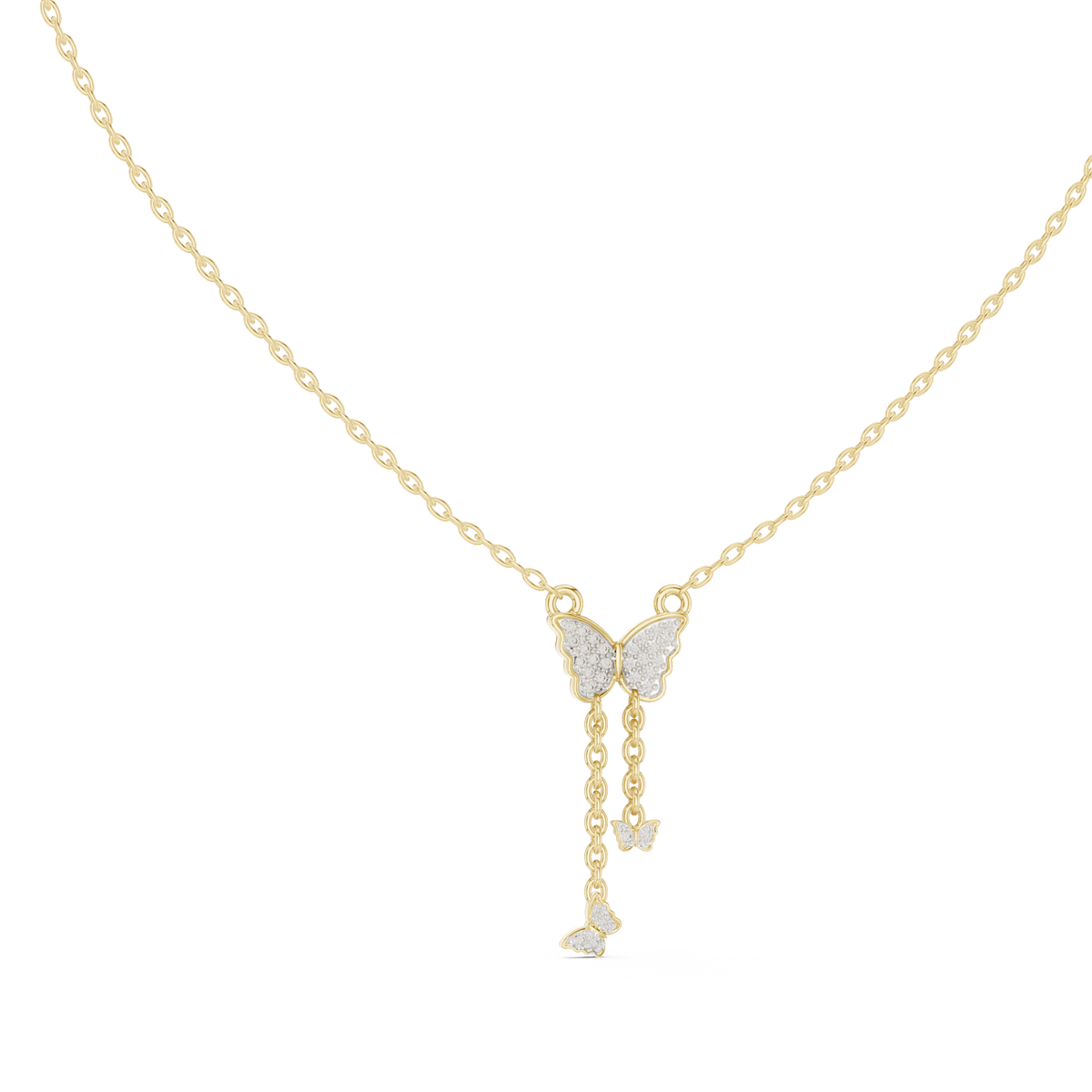 Round diamond butterfly drop pendant on link chain, yellow gold with pavé detail
