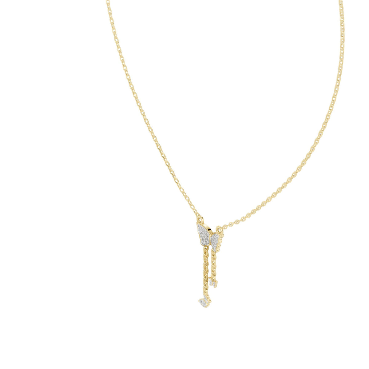Round diamond butterfly pendant with pavé wings and drop charm, yellow gold