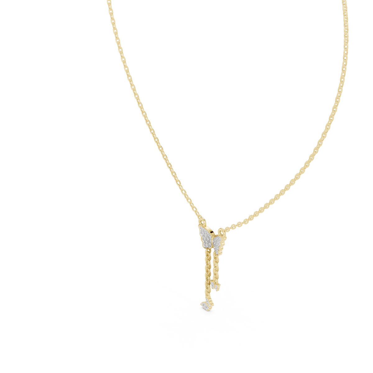 Round diamond butterfly pendant with pavé wings and drop charm, yellow gold