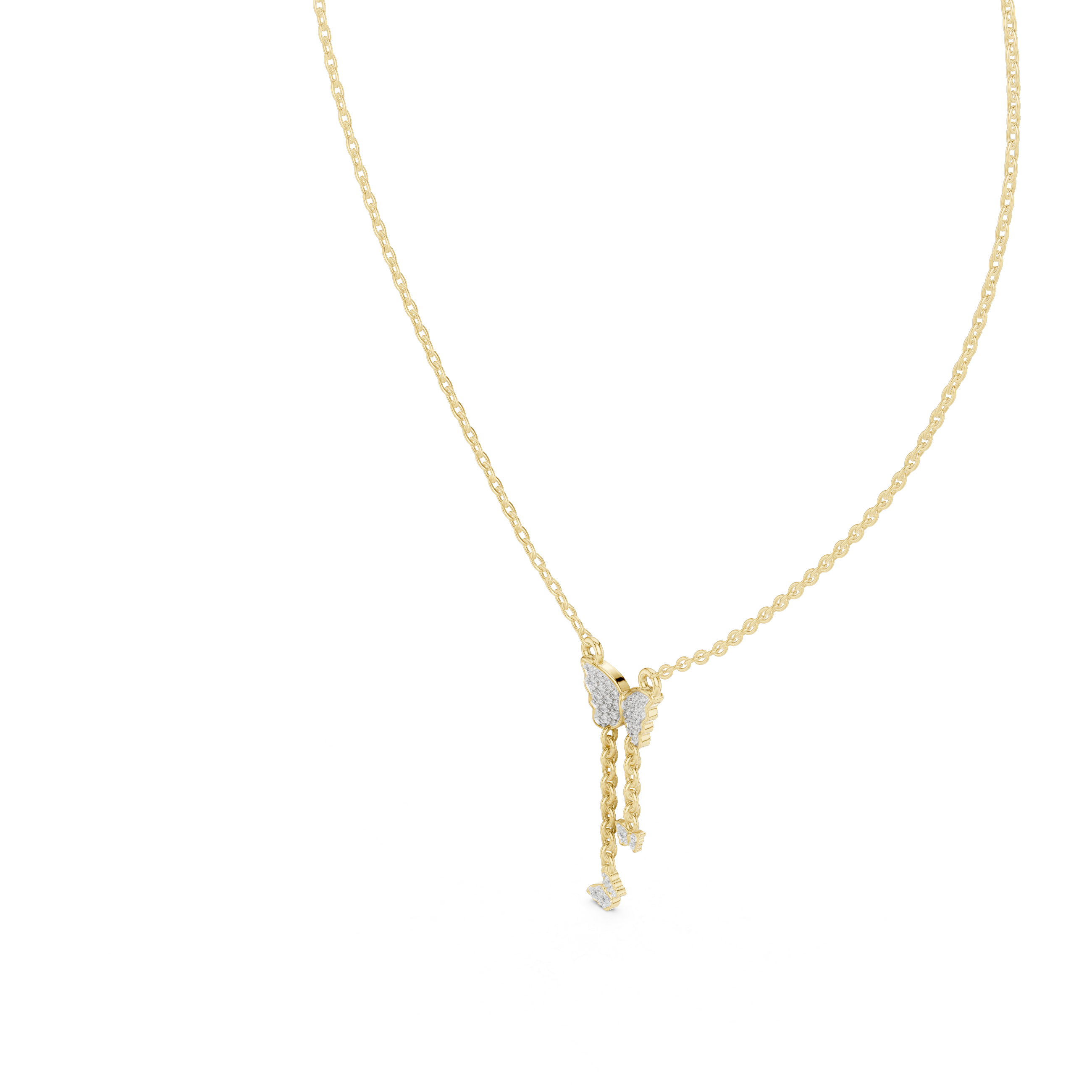 Yellow gold butterfly pendant with round stone drop and small dangling charm