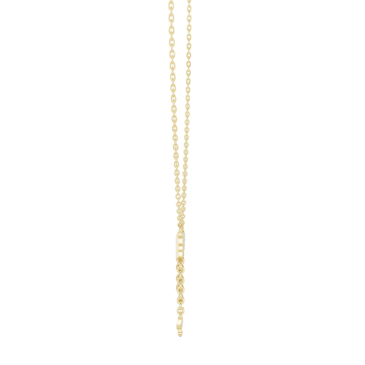 Round diamond butterfly drop pendant on vertical link chain, yellow gold