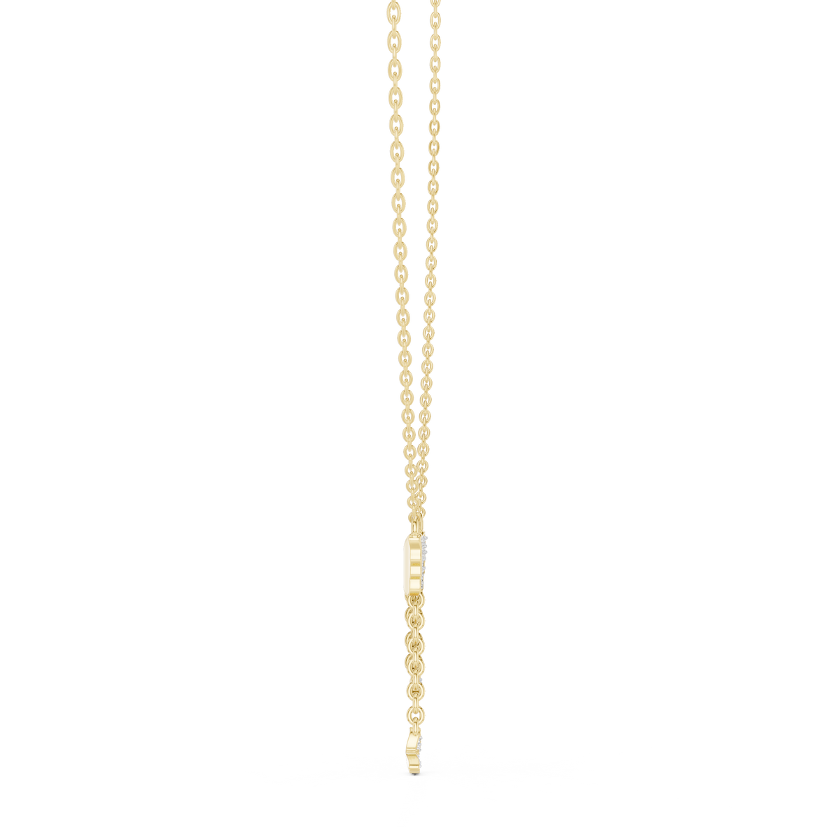 Round diamond butterfly drop pendant on vertical link chain, yellow gold