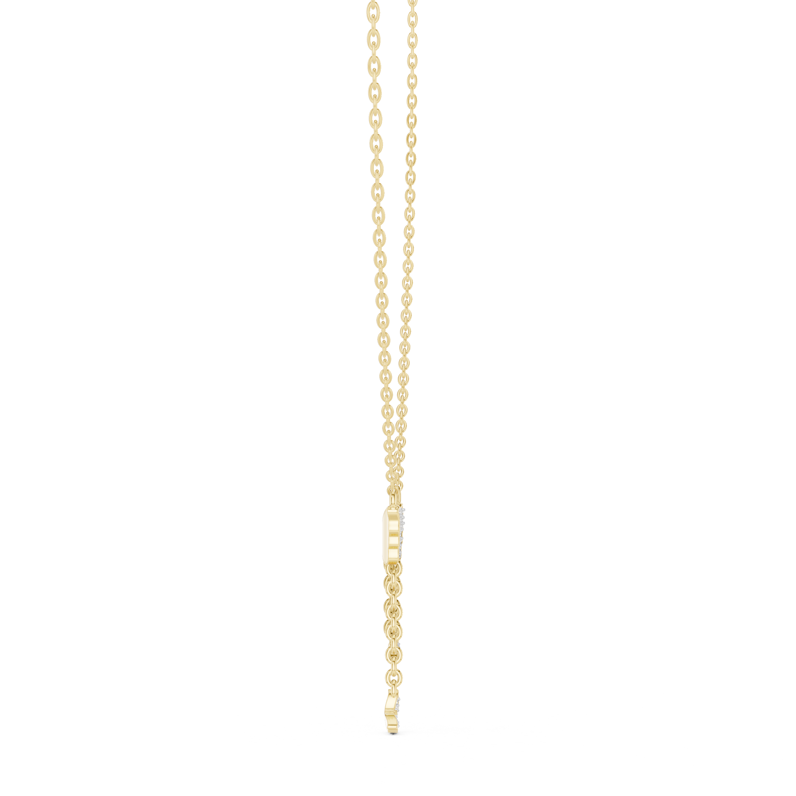 Yellow gold butterfly pendant on beaded chain with dangling round-stone drops