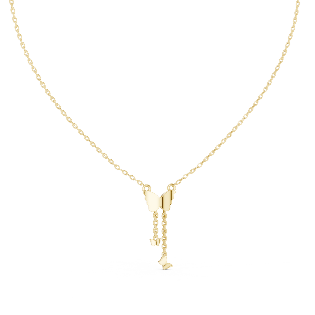 Yellow gold butterfly round-stone drop pendant with two dangling charm shapes