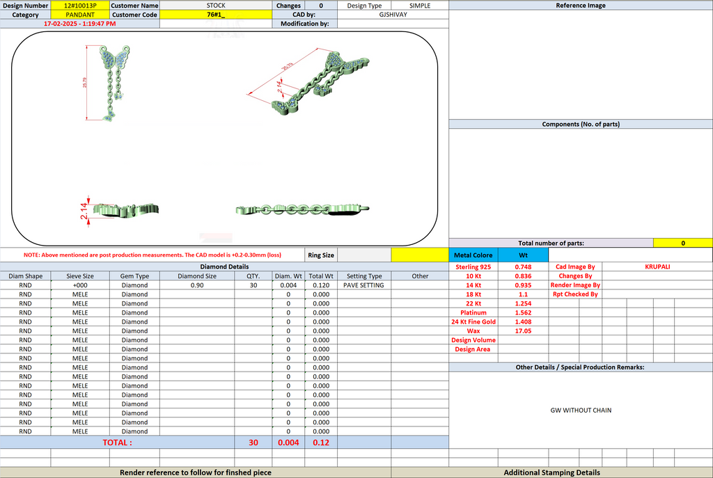 Jewelry specification sheet listing butterfly pendant components and settings