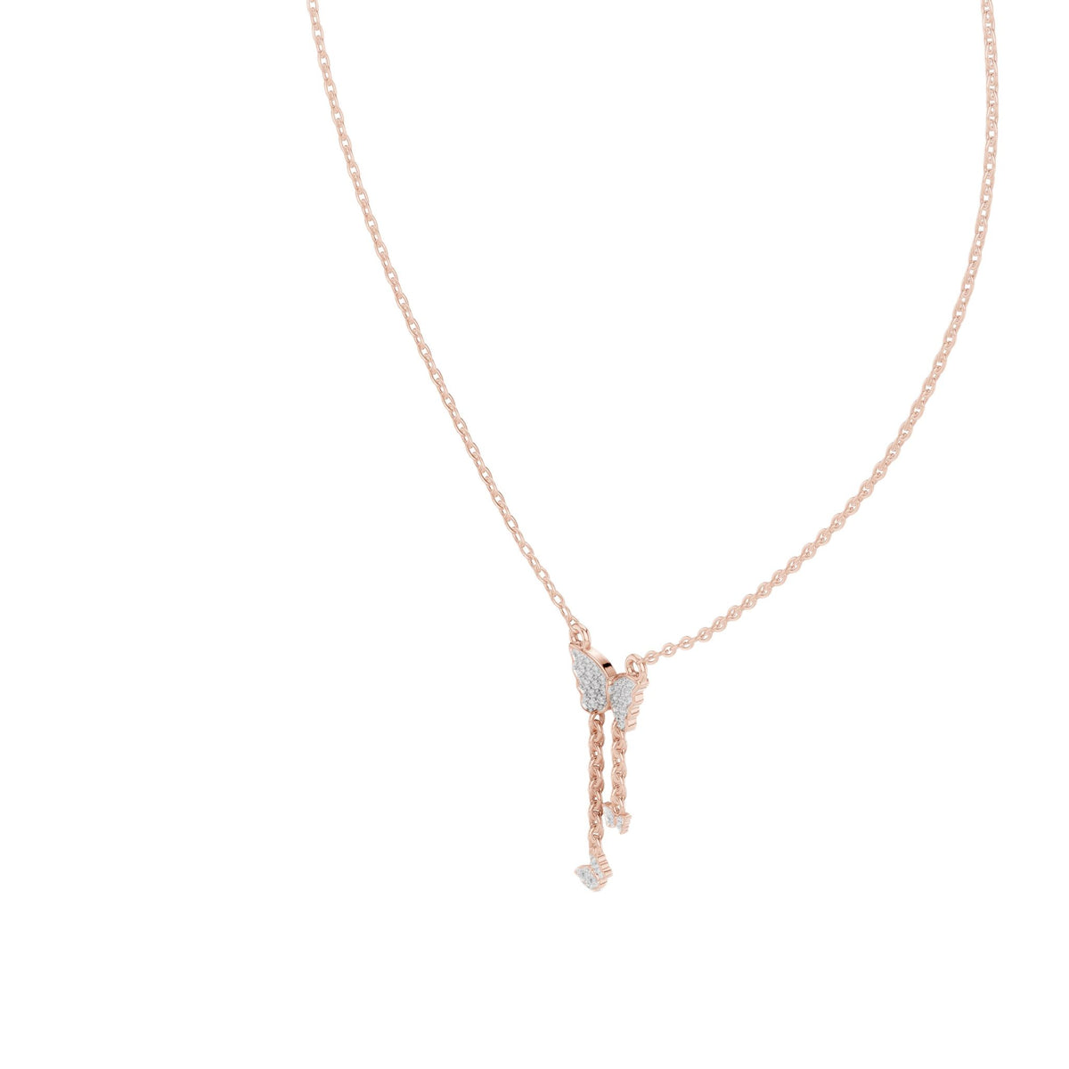 Butterfly diamond drop pendant with rose gold chain and round stone center
