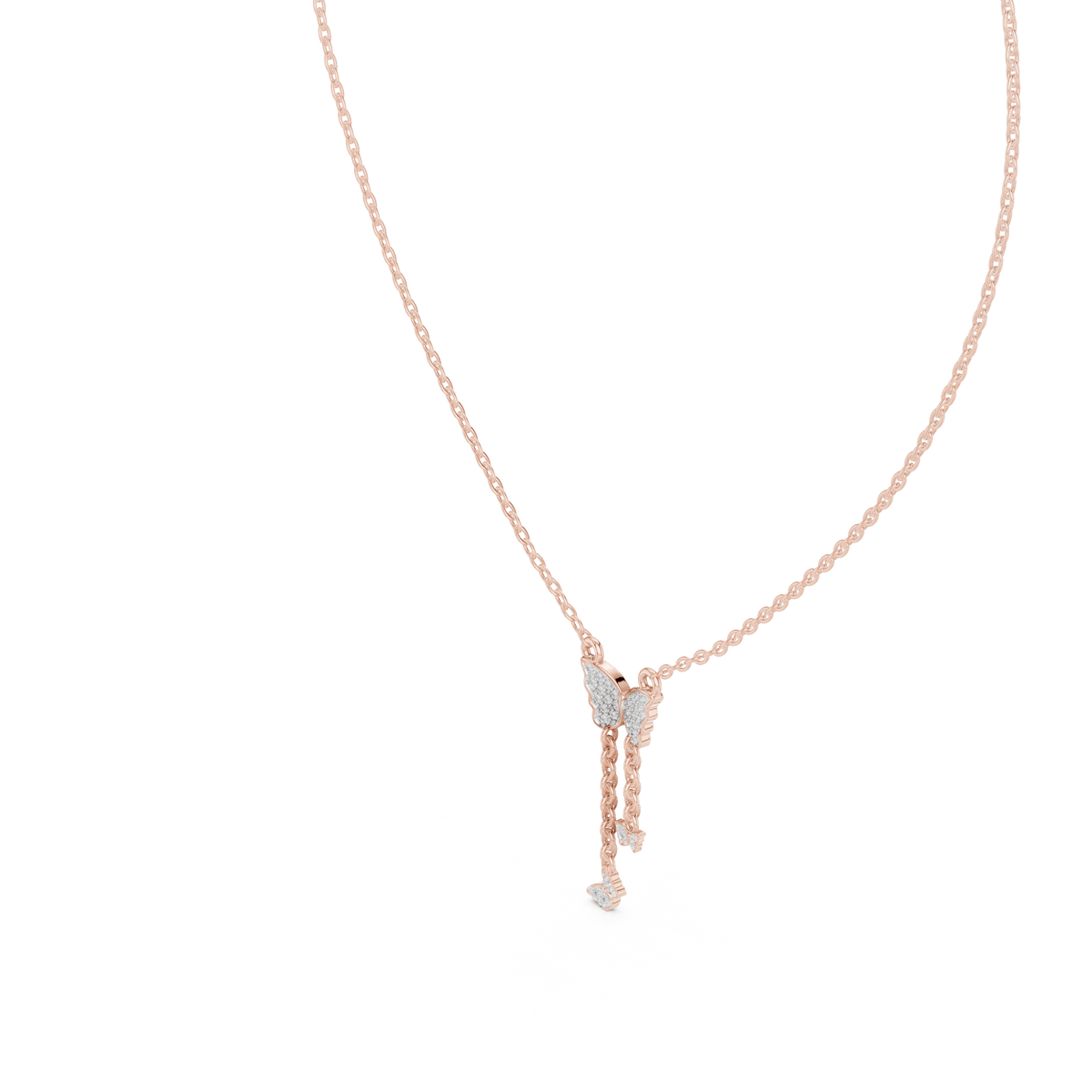 Butterfly diamond drop pendant with rose gold chain and round stone center