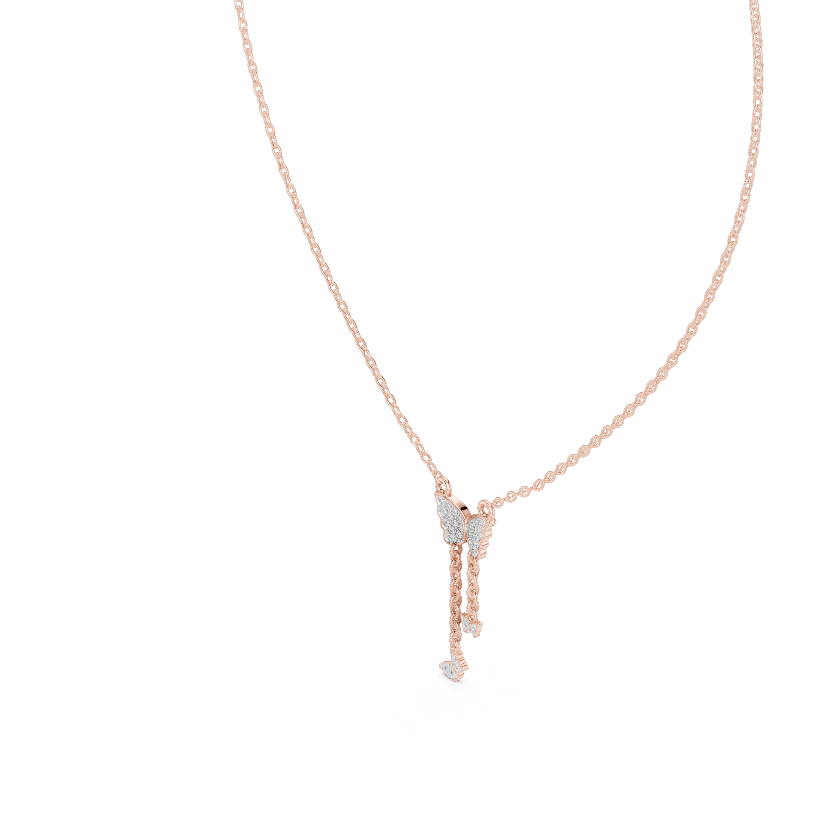 Butterfly diamond drop pendant with rose gold chain and round stone center