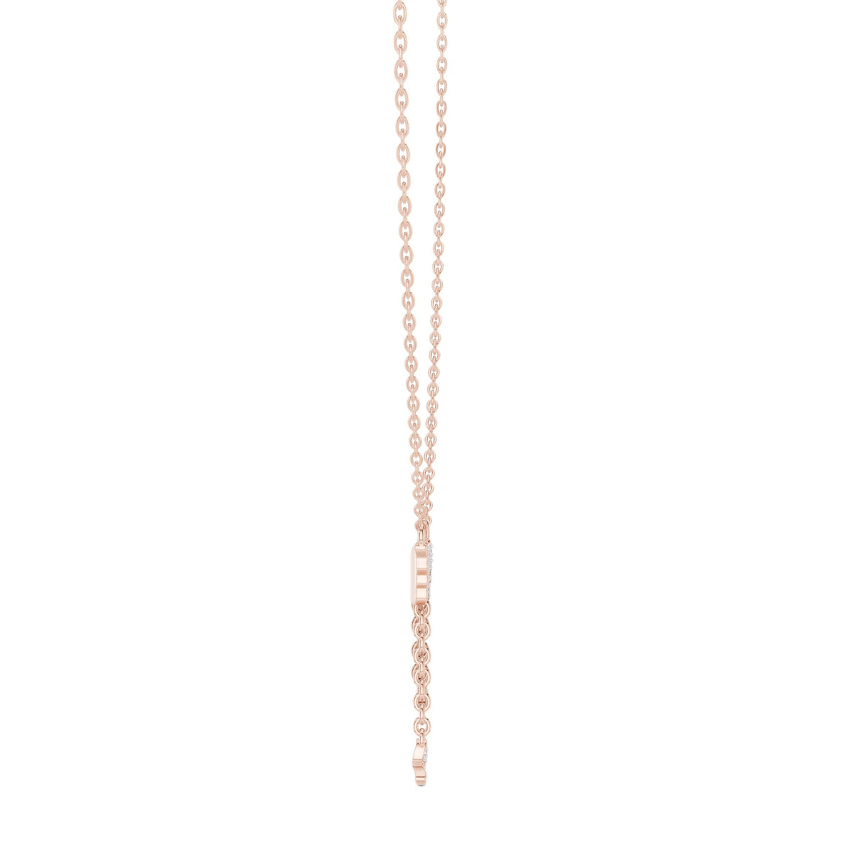 Butterfly diamond drop pendant on a rose gold chain with vertical stone drop