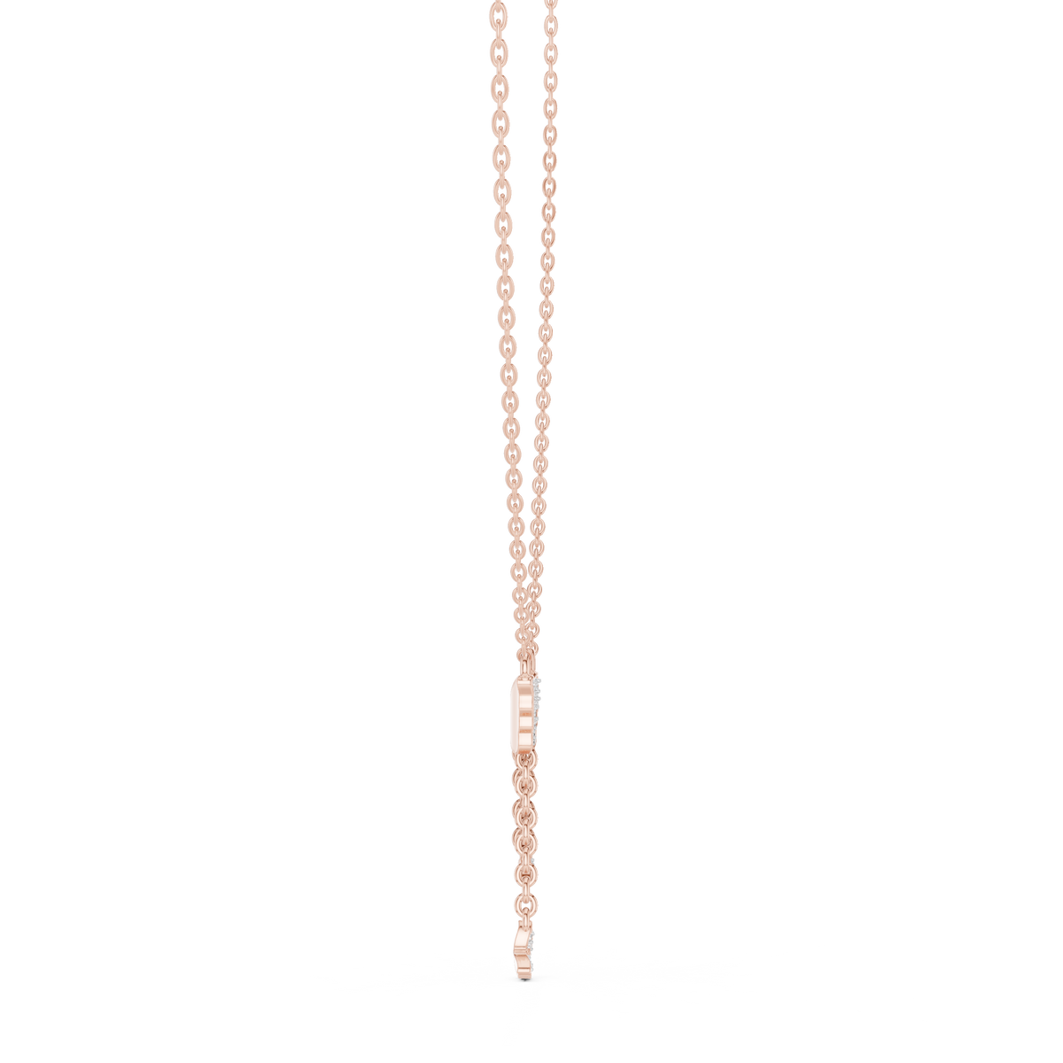 Butterfly diamond drop pendant on a rose gold chain with vertical stone drop