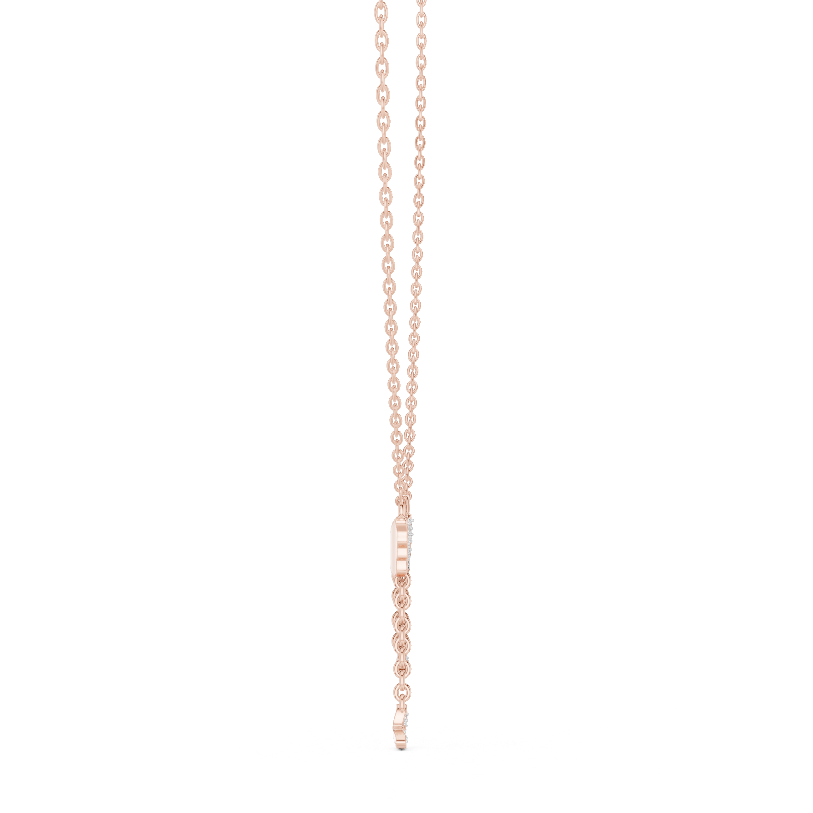 Butterfly diamond drop pendant on a rose gold chain with vertical stone drop