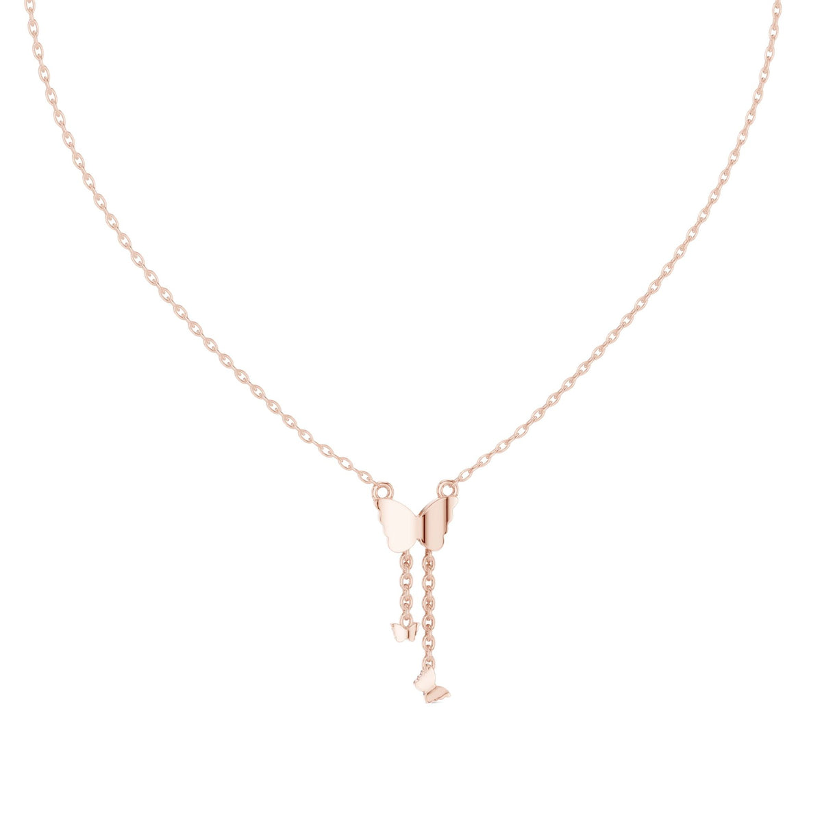 Butterfly diamond drop pendant on a rose gold chain with round stone top and drop