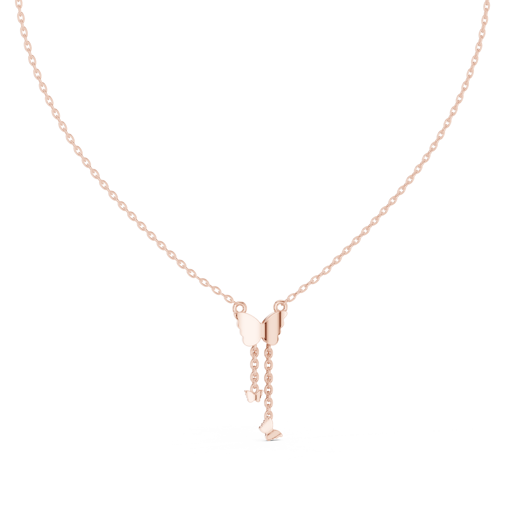 Butterfly diamond drop pendant on a rose gold chain with round stone top and drop