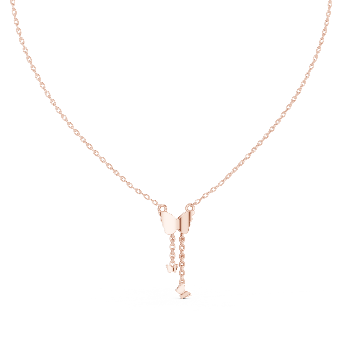 Butterfly diamond drop pendant on a rose gold chain with round stone top and drop