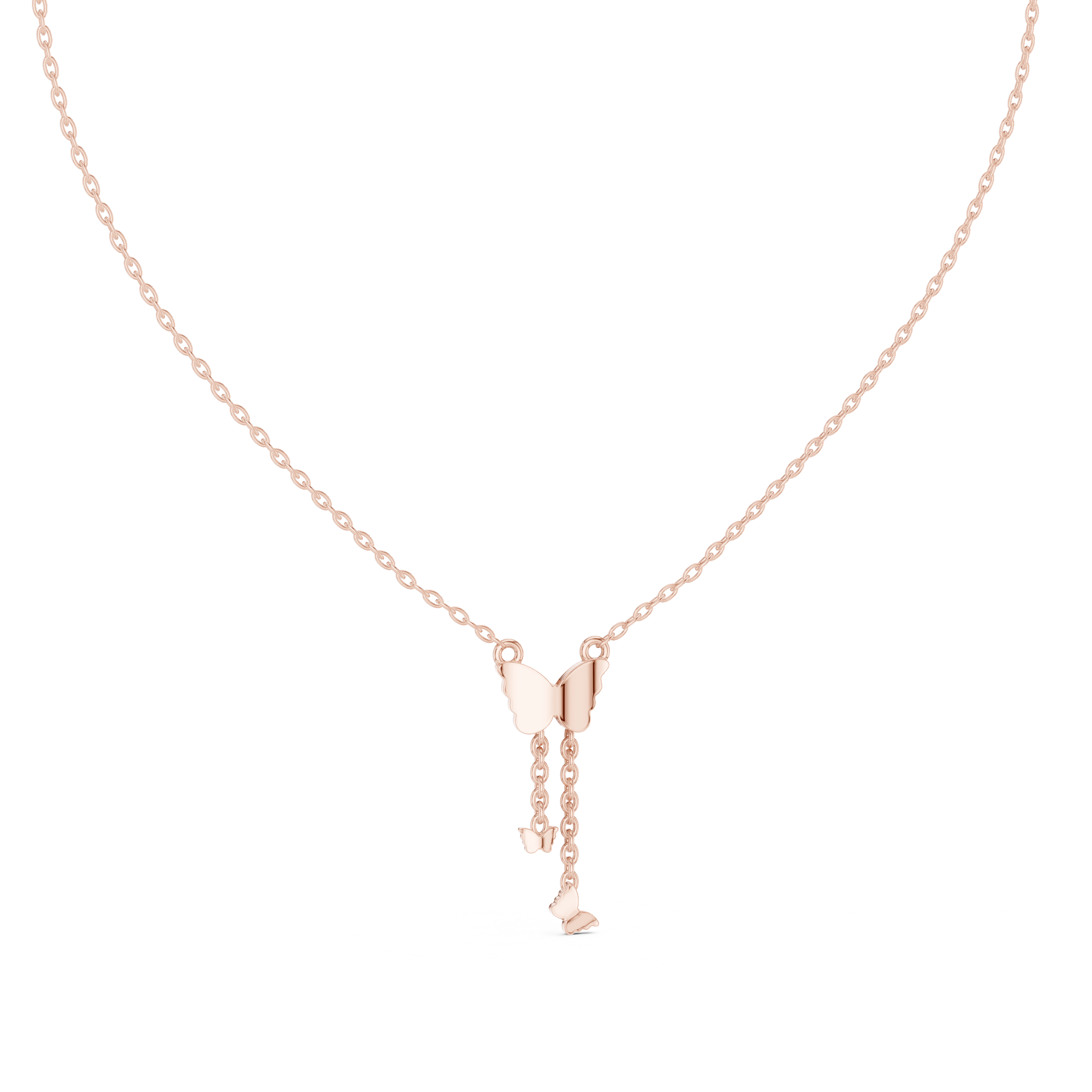 Butterfly diamond drop pendant on a rose gold chain with round stone top and drop