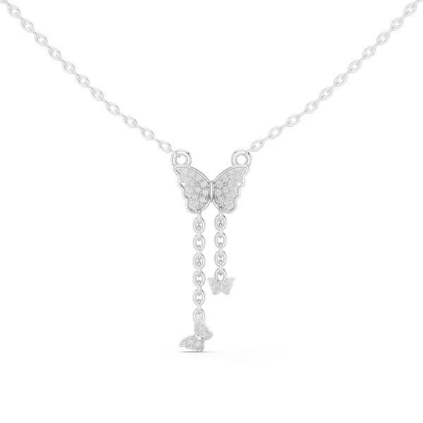Butterfly round diamond drop pendant in white gold with dangling heart charms