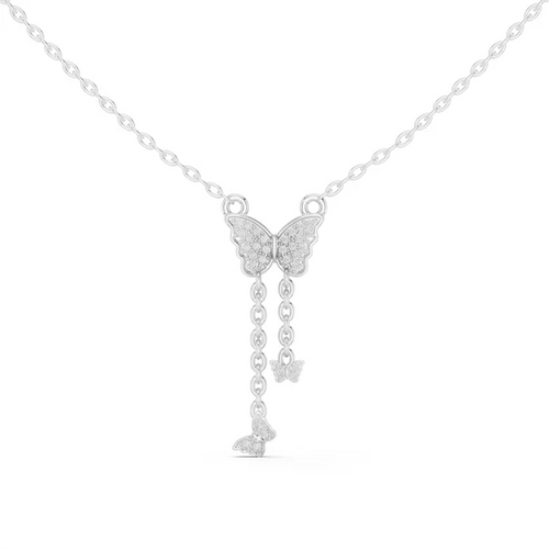 Round diamond butterfly drop pendant with pavé wings, white gold on chain