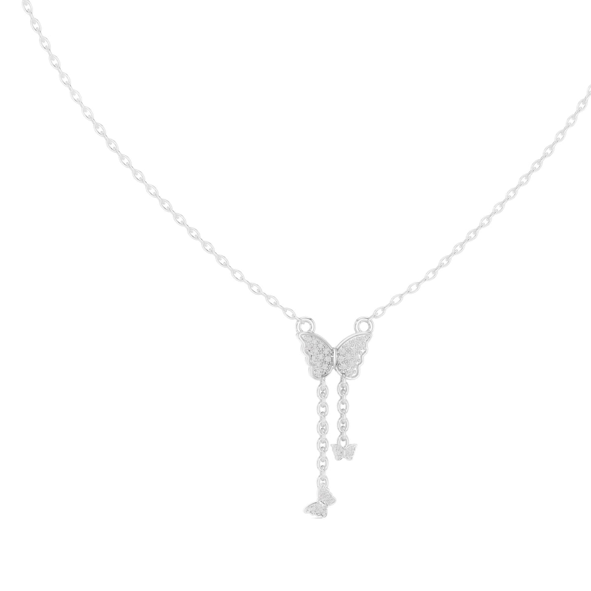 White gold butterfly round-stone drop pendant with two dangling charm shapes
