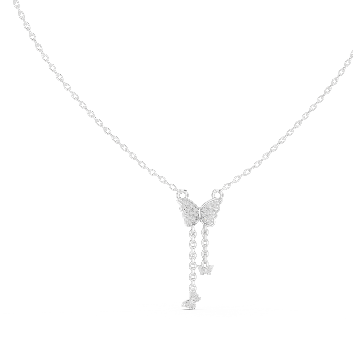 White gold butterfly round-stone drop pendant with two dangling charm shapes