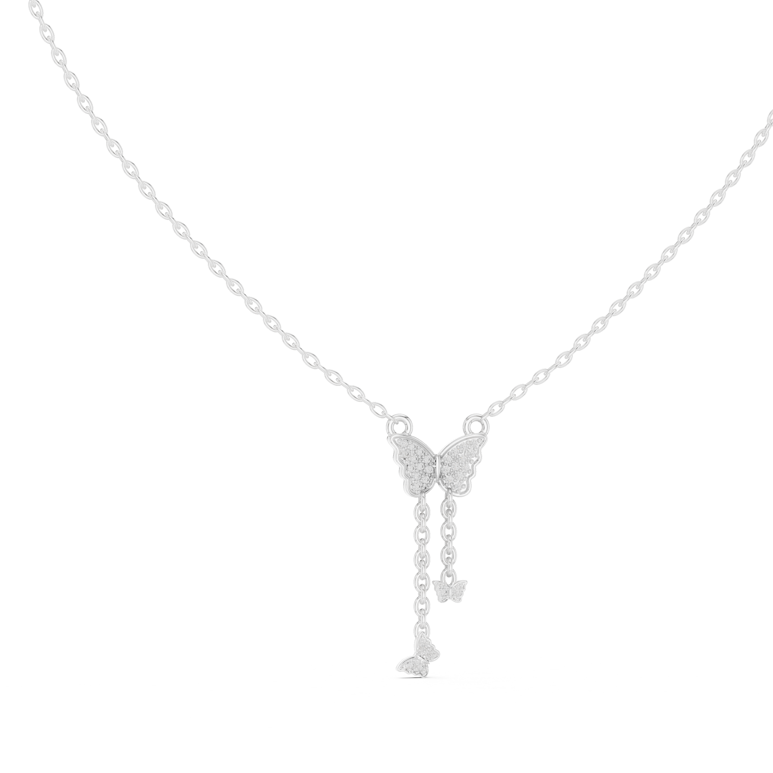 White gold butterfly round-stone drop pendant with two dangling charm shapes