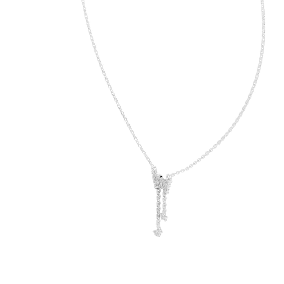 White gold butterfly pendant with round-stone drop and long chain sparkle