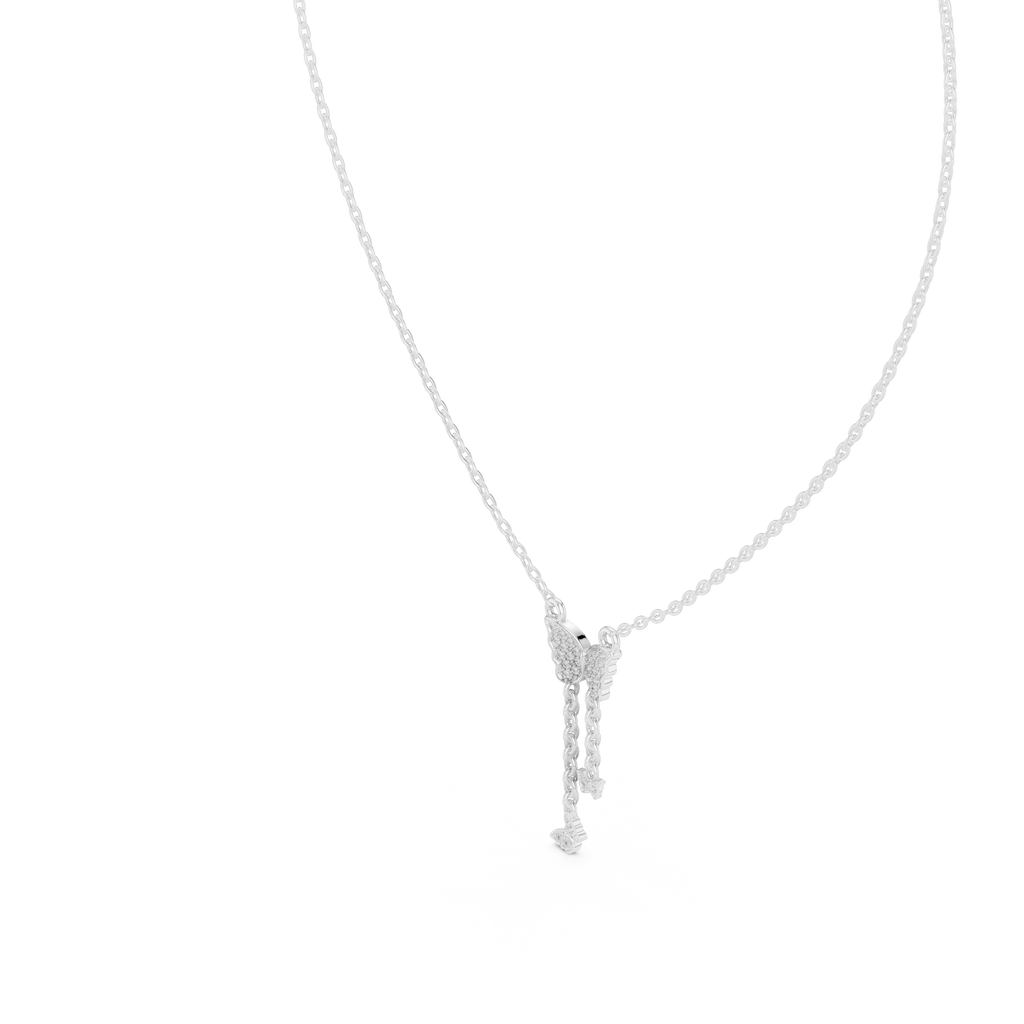 White gold butterfly pendant with round-stone drop and long chain sparkle