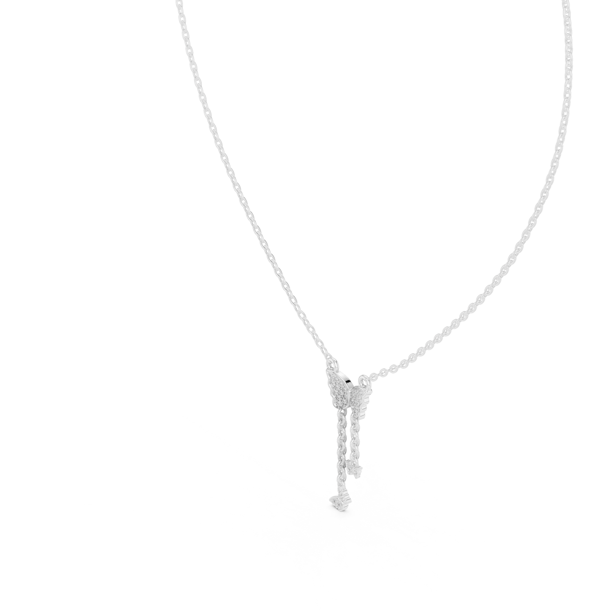 White gold butterfly pendant with round-stone drop and long chain sparkle