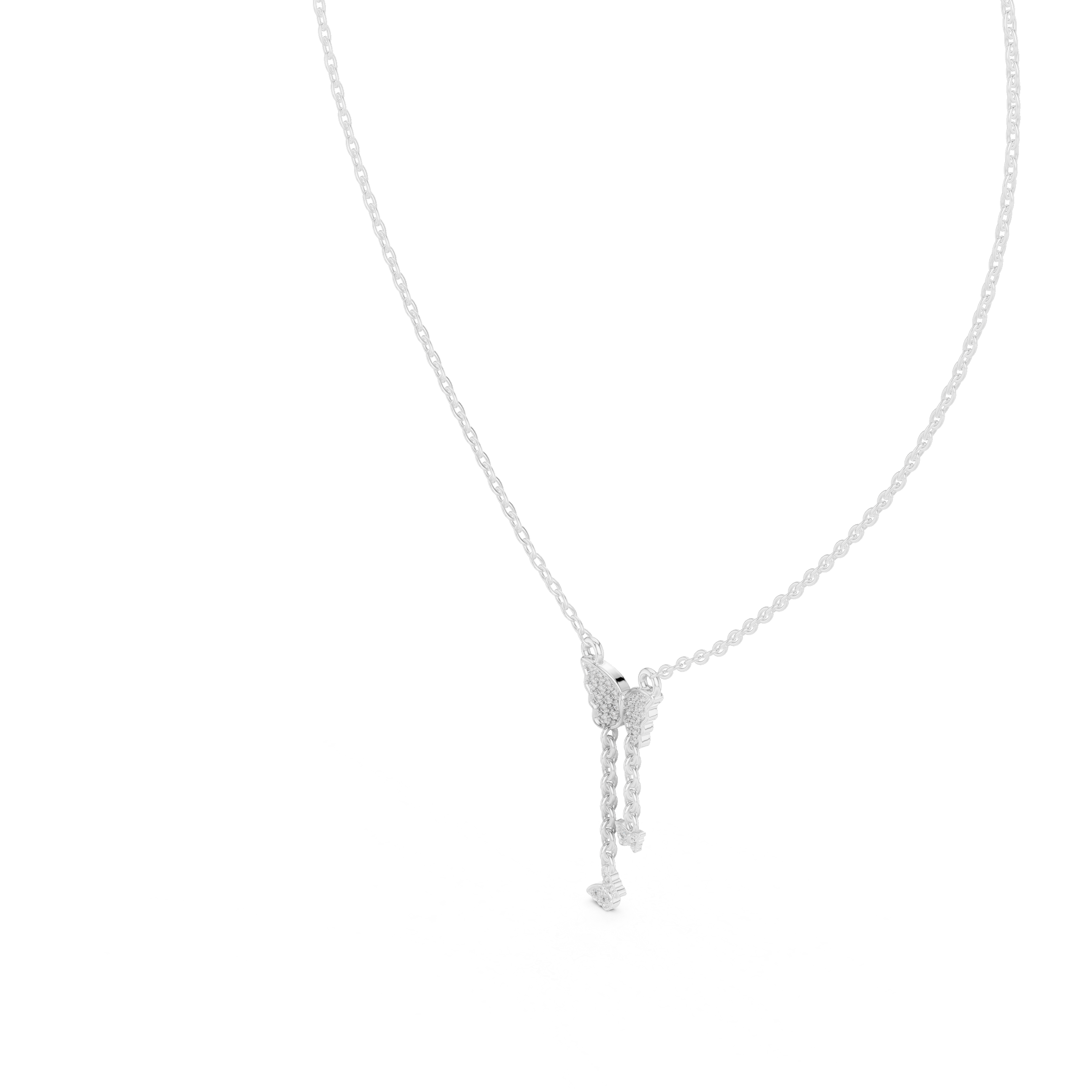 White gold butterfly pendant with round-stone drop and long chain sparkle